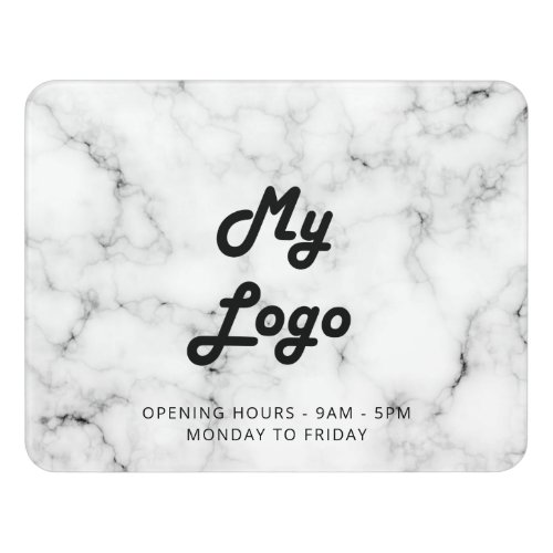 Marble white black opening hours business logo door sign