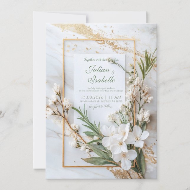 Marble White Floral Sage Green Minimalist Wedding Invitation (Front)