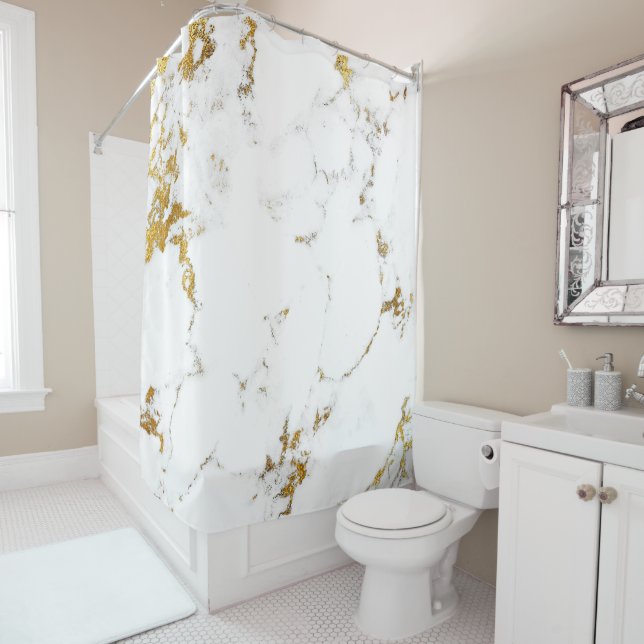 Marble White Gold Gray Carrara Abstract Luxury VIP Shower Curtain (In Situ)