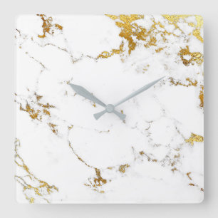 Marble White Gold Gray Carrara Abstract Minimal Square Wall Clock