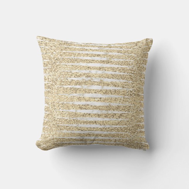Marble White Gray Faux Gold Glitter Stripes Throw Pillow (Front)
