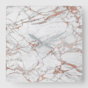 Marble White Gray Pink Rose Gold Blush Carrara Square Wall Clock