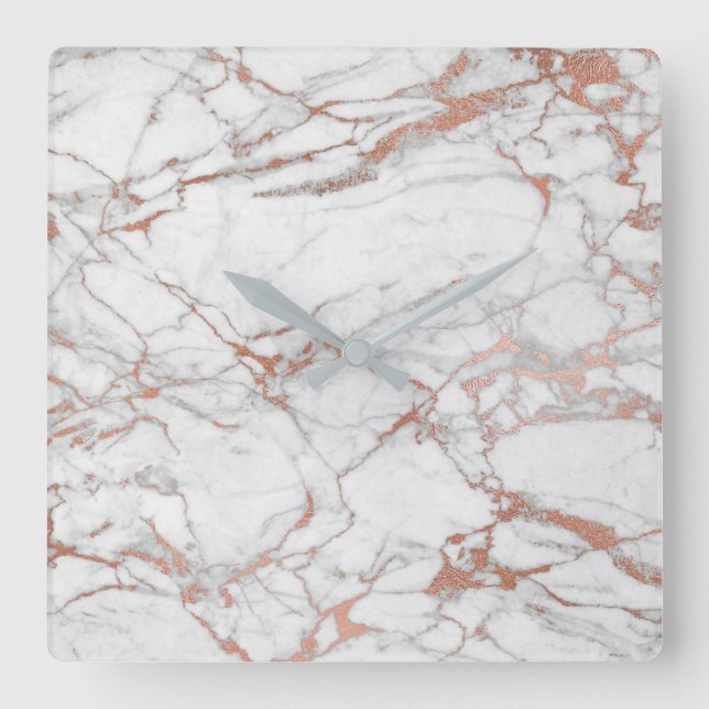 Marble White Gray Pink Rose Gold Blush Carrara Square Wall Clock (Front)