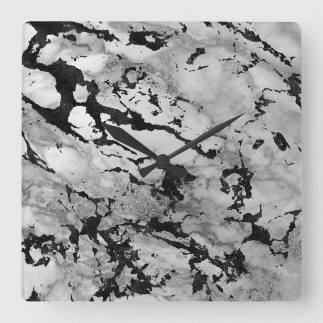 Marble White Gray Silver Black Carrara Abstract Square Wall Clock (Front)