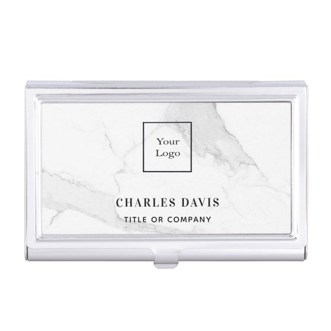 Marble white monogram logo elegant business card case (Front)