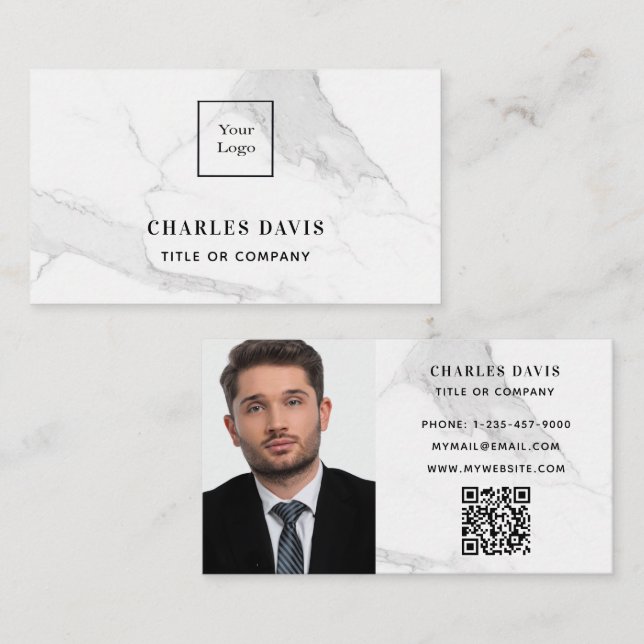 Marble white monogram photo Qr code logo elegant Business Card (Front/Back)