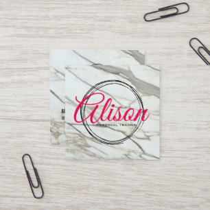 Marble white pink calligraphy letters square card. square business card
