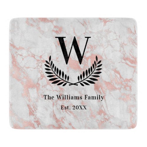 Marble white rose gold stone family monogram cutting board