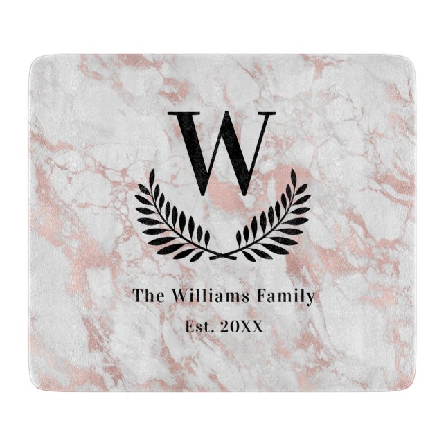Marble white rose gold stone family monogram cutting board (Front)