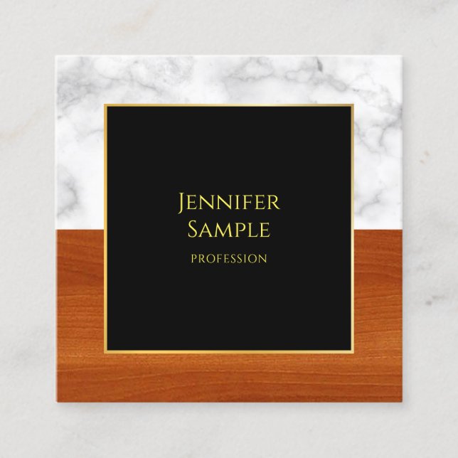 Marble Wood Black Gold Luxury Template Elegant Square Business Card (Front)