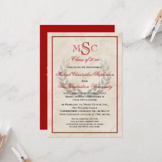 Marble Wreath Monogram Classic College Graduation  Invitation