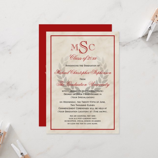 Marble Wreath Monogram Classic College Graduation  Invitation (Front/Back In Situ)