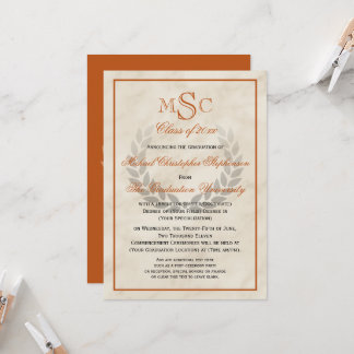 Marble Wreath Monogram Classic College Graduation  Invitation