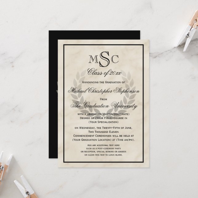 Marble Wreath Monogram Classic College Graduation Invitation (Front/Back In Situ)