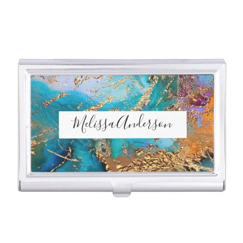 Marble your name peacock colors elegant chic geode business card case