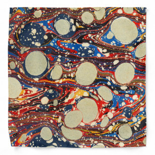 MARBLED ABSTRACT RED BLUE SWIRLS,WHITE CIRCLES BANDANA