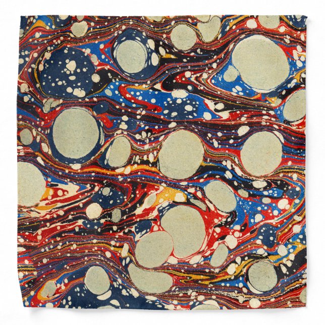 MARBLED ABSTRACT RED BLUE SWIRLS,WHITE CIRCLES BANDANA (Front)