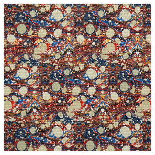 MARBLED ABSTRACT RED BLUE SWIRLS,WHITE CIRCLES FABRIC