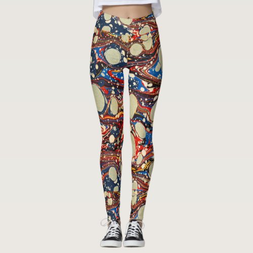 MARBLED ABSTRACT RED BLUE SWIRLSWHITE CIRCLES LEGGINGS