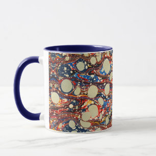 MARBLED ABSTRACT RED BLUE SWIRLS,WHITE CIRCLES MUG