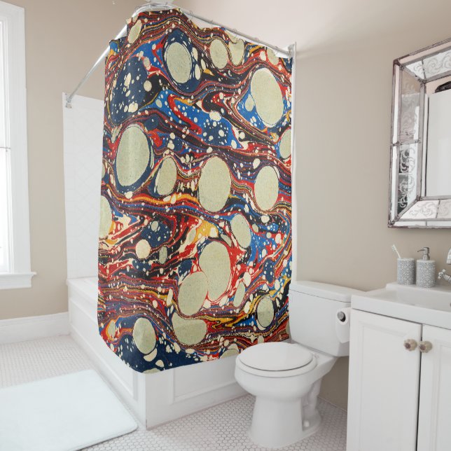 MARBLED ABSTRACT RED BLUE SWIRLS,WHITE CIRCLES SHOWER CURTAIN (In Situ)