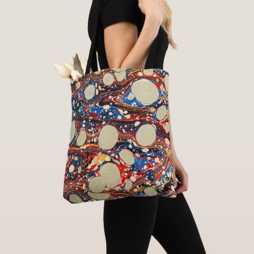MARBLED ABSTRACT RED BLUE SWIRLSWHITE CIRCLES TOTE BAG