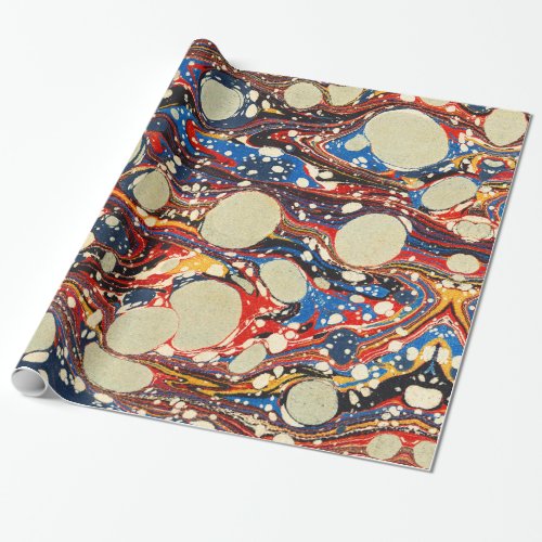 MARBLED ABSTRACT RED BLUE SWIRLSWHITE CIRCLES WRAPPING PAPER