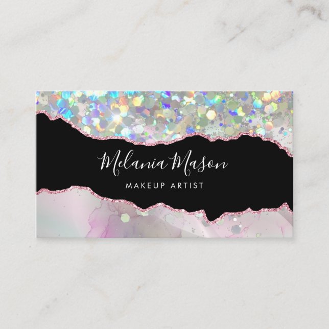 Marbled Agate Holographic Glitter QR Code Beauty Business Card (Front)