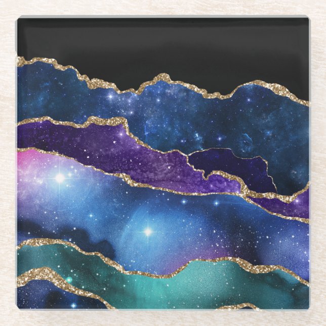 Marbled Agate Stone Galaxy Sparkly Shining Stars Glass Coaster (Front)