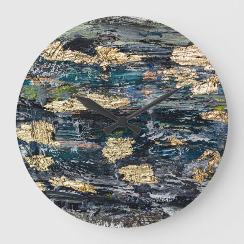 Marbled Black Gold Abstract Fluid Large Clock