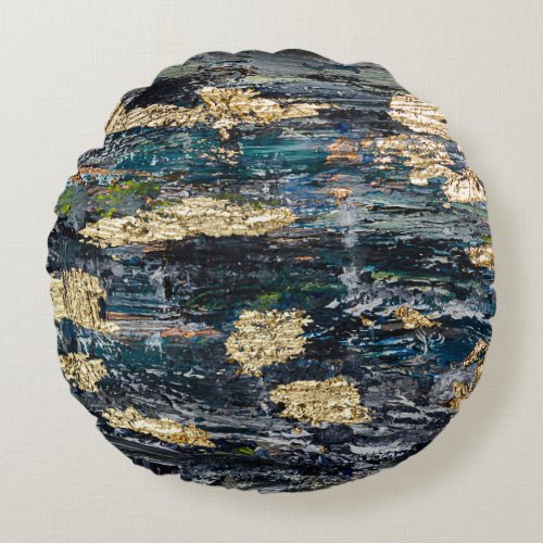 Marbled Black Gold Abstract Fluid Round Pillow