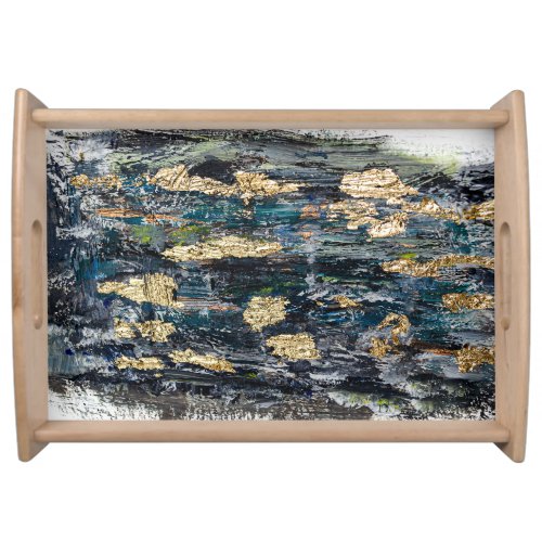 Marbled Black Gold Abstract Fluid Serving Tray