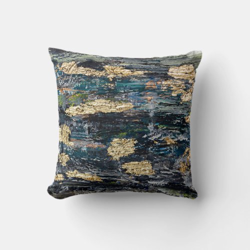 Marbled Black Gold Abstract Fluid Throw Pillow