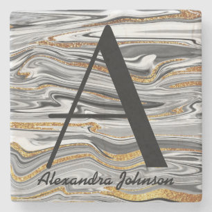 Marbled Black White and Glitter Gold Monogram Name Stone Coaster