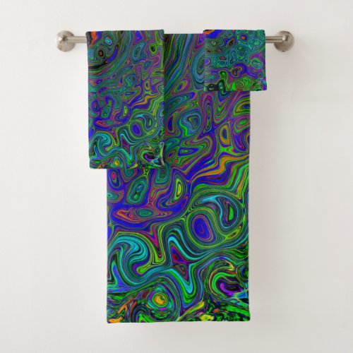 Marbled Blue and Aquamarine Abstract Retro Swirl Bath Towel Set