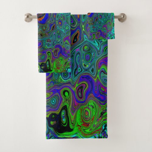 Marbled Blue and Aquamarine Abstract Retro Swirl Bath Towel Set