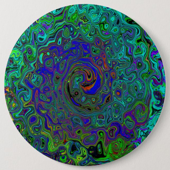 Marbled Blue and Aquamarine Abstract Retro Swirl Button (Front)