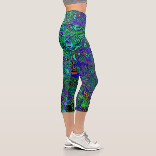 Marbled Blue and Aquamarine Abstract Retro Swirl Capri Leggings