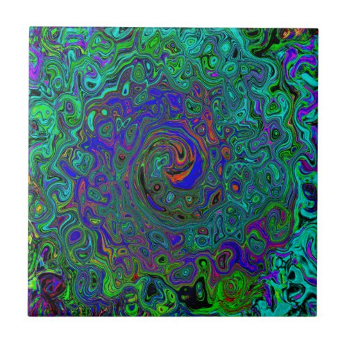 Marbled Blue and Aquamarine Abstract Retro Swirl Ceramic Tile