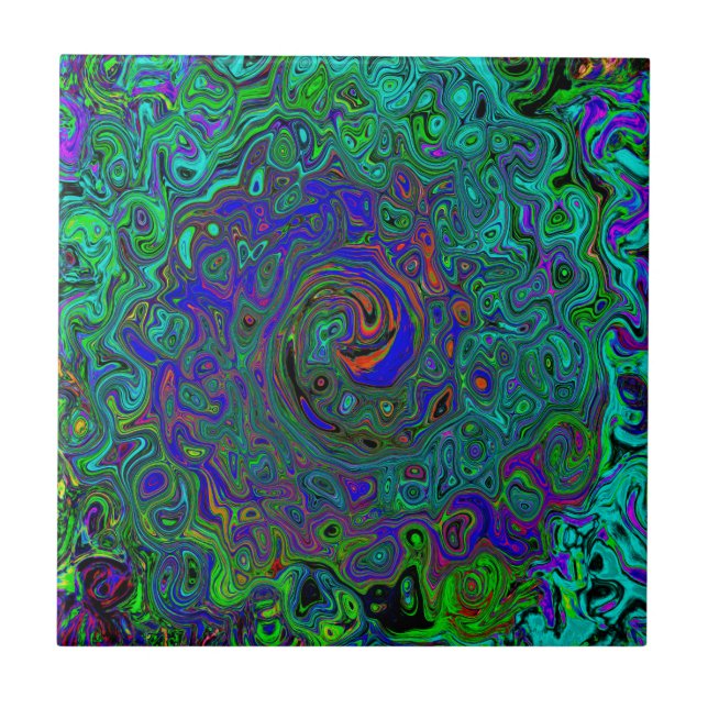 Marbled Blue and Aquamarine Abstract Retro Swirl Ceramic Tile (Front)
