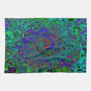 Marbled Blue and Aquamarine Abstract Retro Swirl Kitchen Towel