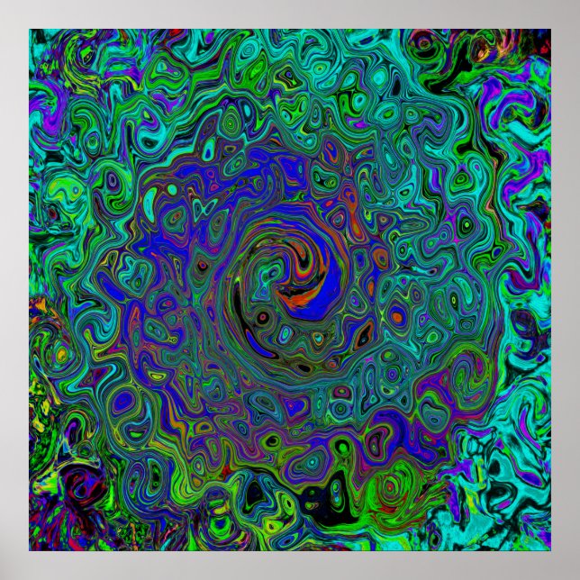 Marbled Blue and Aquamarine Abstract Retro Swirl Poster (Front)