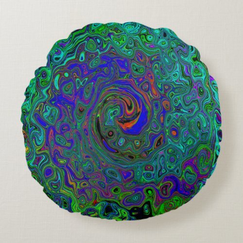 Marbled Blue and Aquamarine Abstract Retro Swirl Round Pillow