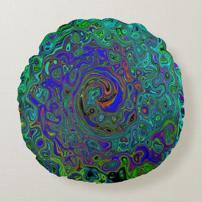 Marbled Blue and Aquamarine Abstract Retro Swirl Round Pillow (Front)