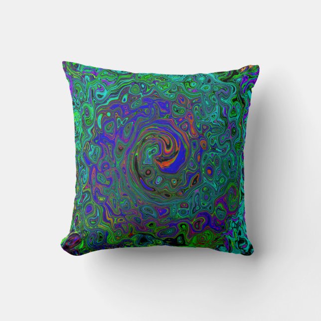 Marbled Blue and Aquamarine Abstract Retro Swirl Throw Pillow (Front)