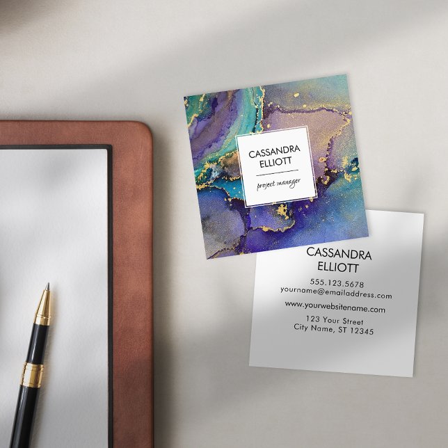 Marbled Colorful Gold Abstract Liquid Art Square Business Card (Creator Uploaded)