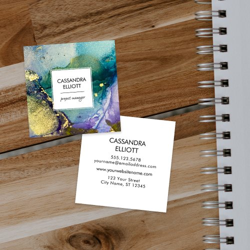 Marbled Colorful Gold Abstract Liquid Art Square Business Card