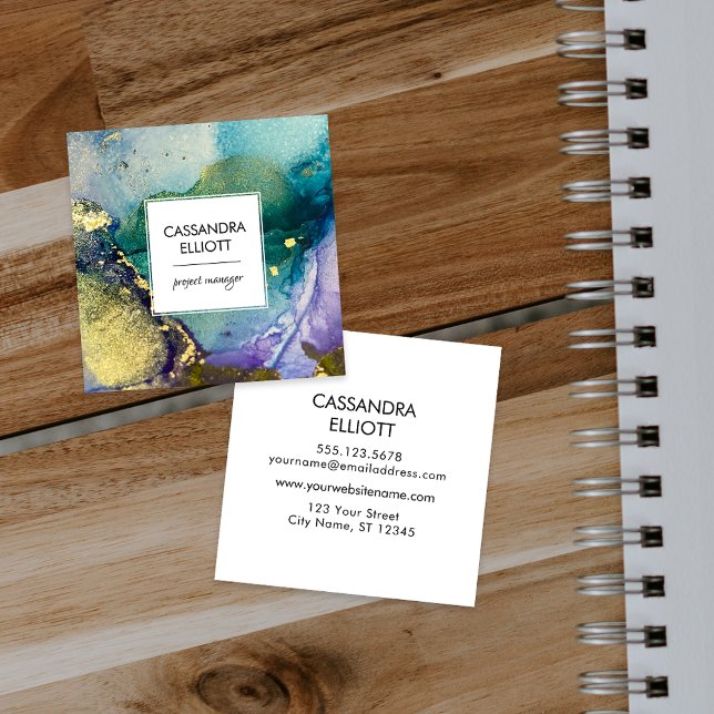 Marbled Colorful Gold Abstract Liquid Art Square Business Card (Creator Uploaded)