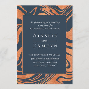Marbled Copper Navy Blue Wedding Invitation