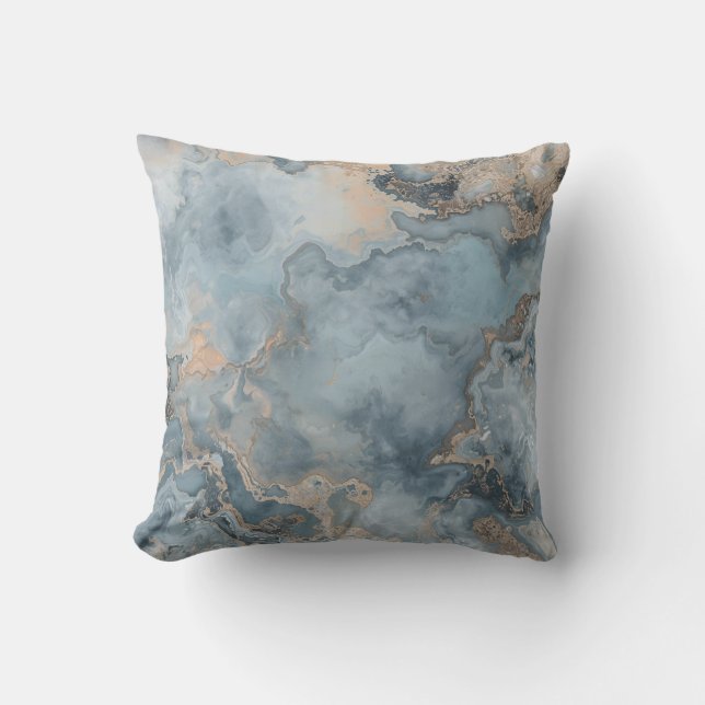 Marbled Dusty Blue Gray Tan Contemporary 16" Throw Pillow (Front)